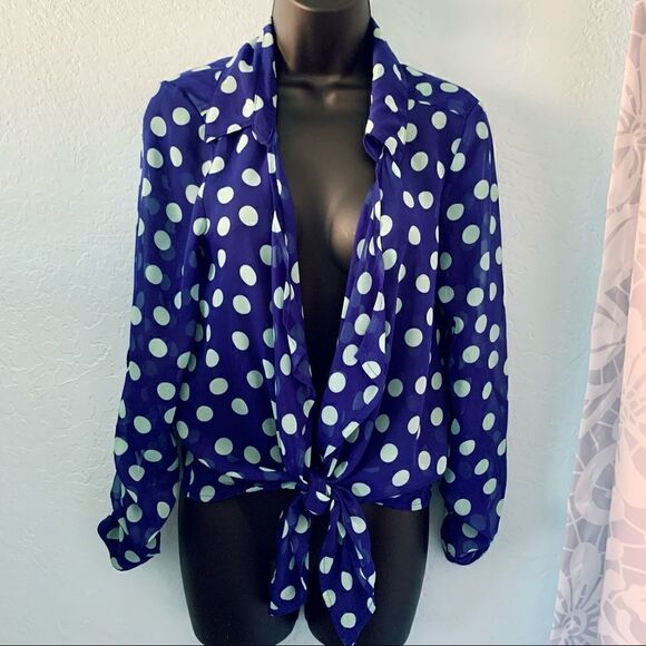 Express Semi Sheer Blue & Mint Green Polka Dot Tie Blouse Size Small/Medium - Picture 1 of 13